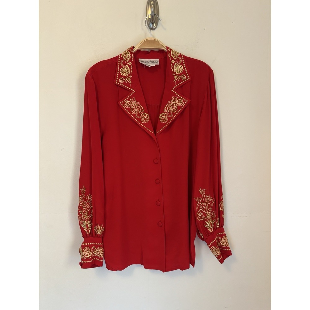 Diane Von Furstenburg Button Down Blouse Silk Gold Rose Embroidered Red S - DESC